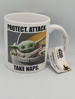 Star Wars baby Yoda mandalorian Protect Attack and take naps mug.